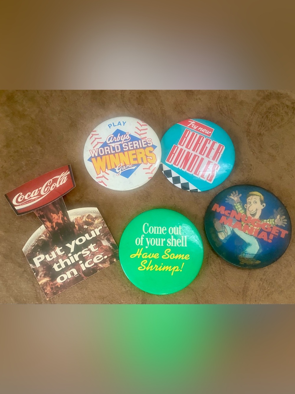 1980s Advertising Memorabilia Pins McDonalds, Arby’s, Burger King, Coca Cola